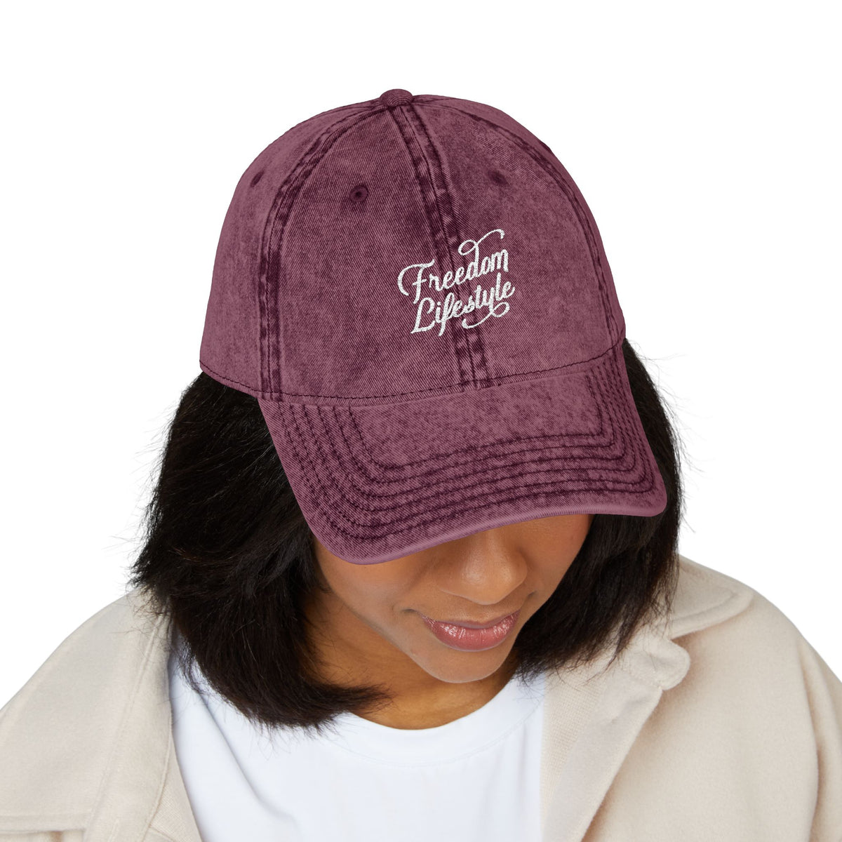 Vintage Embroidered Cap — "Freedom Lived" Washed Pink Baseball Hat
