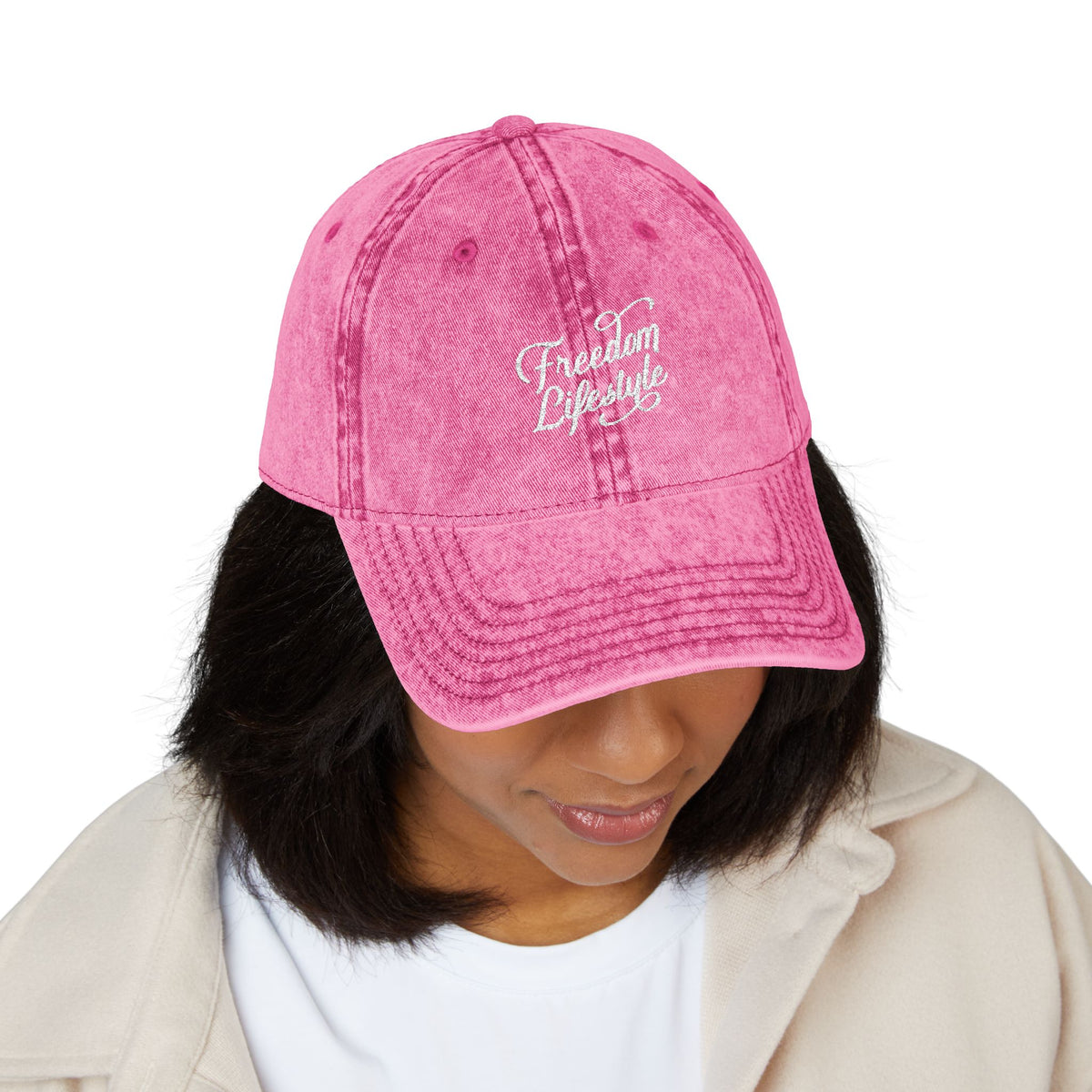Vintage Embroidered Cap — "Freedom Lived" Washed Pink Baseball Hat